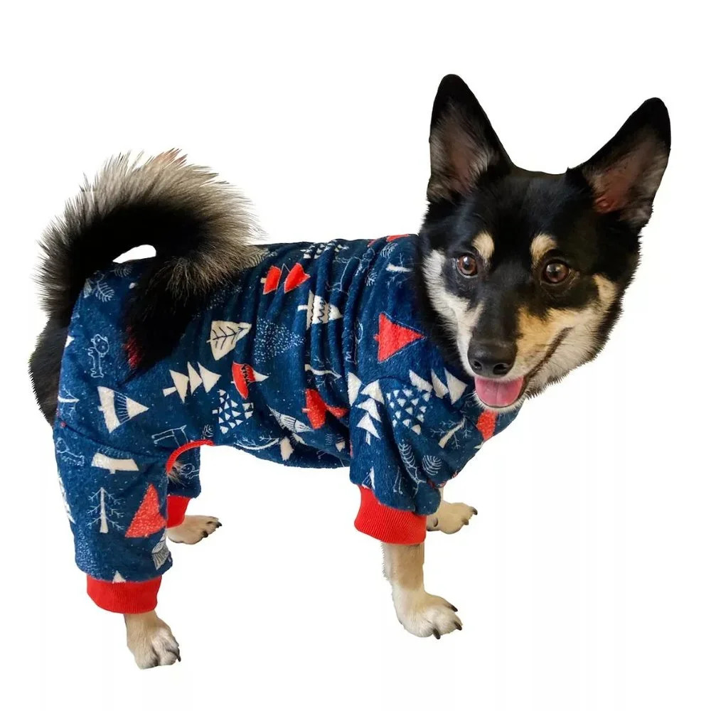 Blue Patterned Christmas Holiday Dog Pajamas Outfit Costume